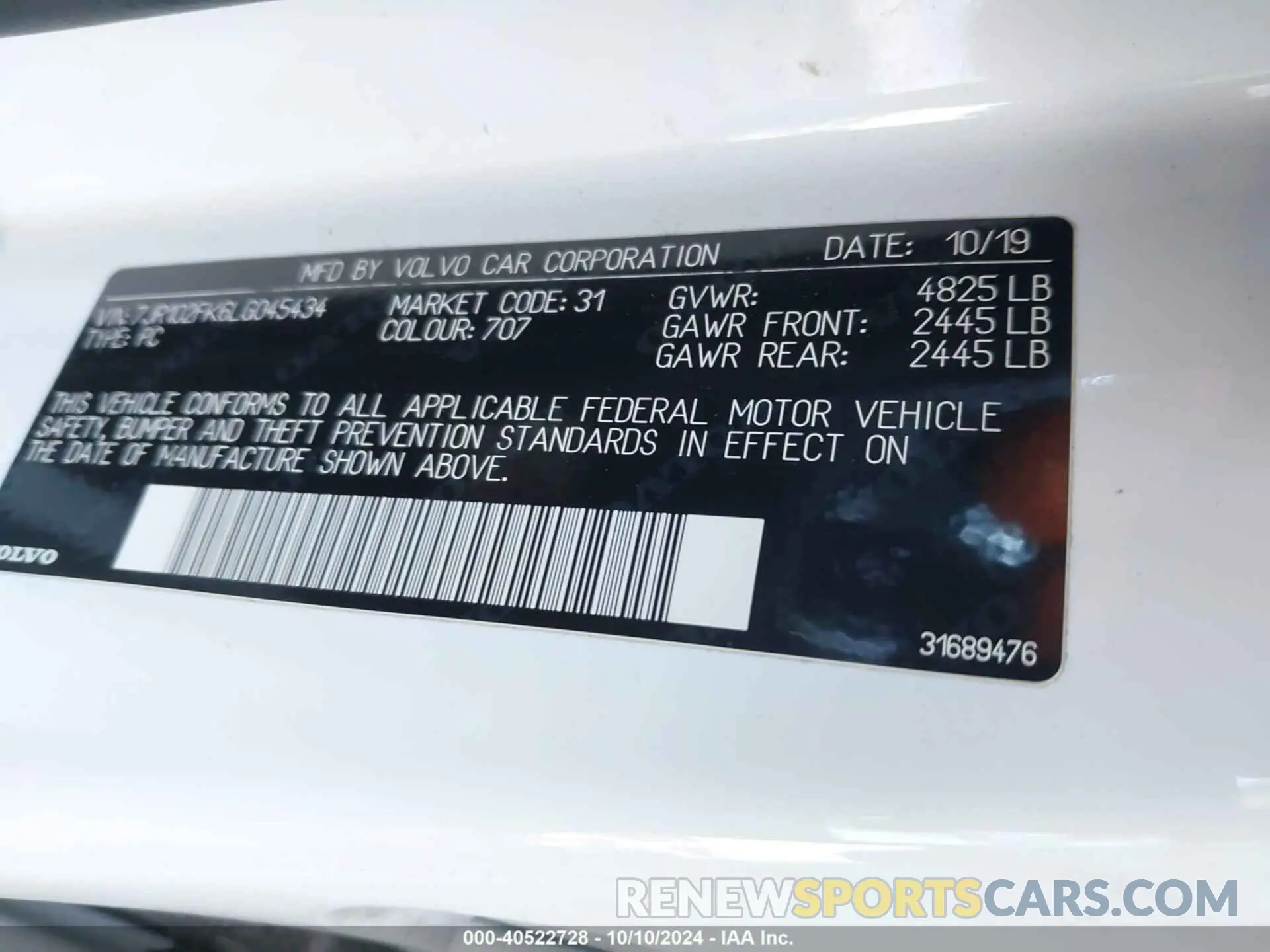 9 fotografías del automóvil dañado 7JR102FK6LG045434 VOLVO S60 2020