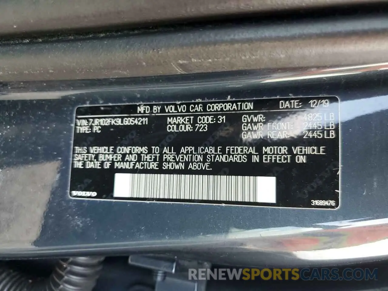 10 fotografías del automóvil dañado 7JR102FK9LG054211 VOLVO S60 2020