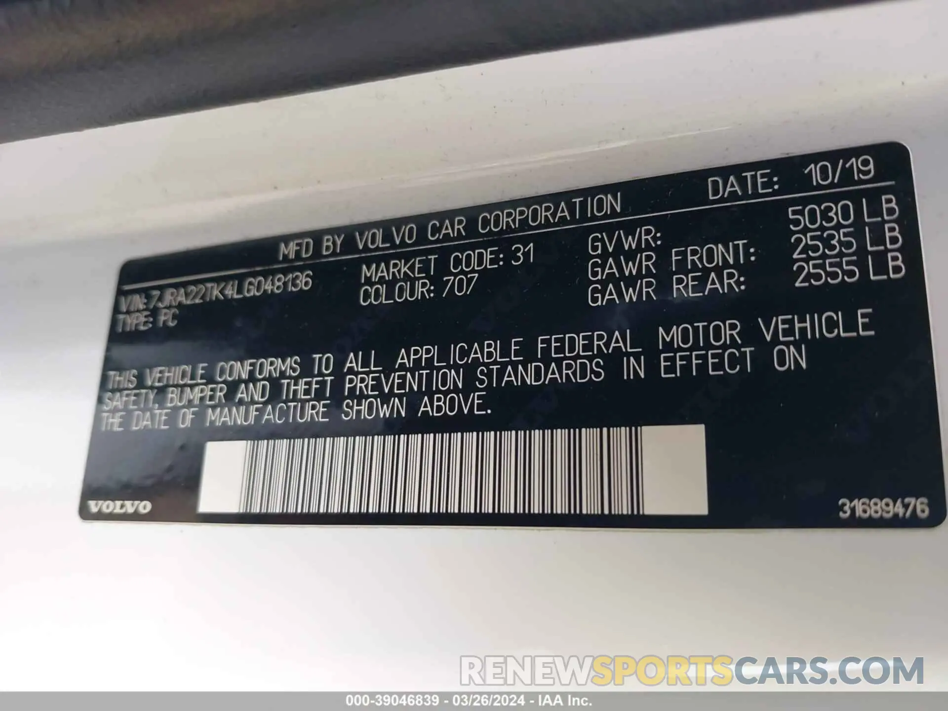 9 fotografías del automóvil dañado 7JRA22TK4LG048136 VOLVO S60 2020