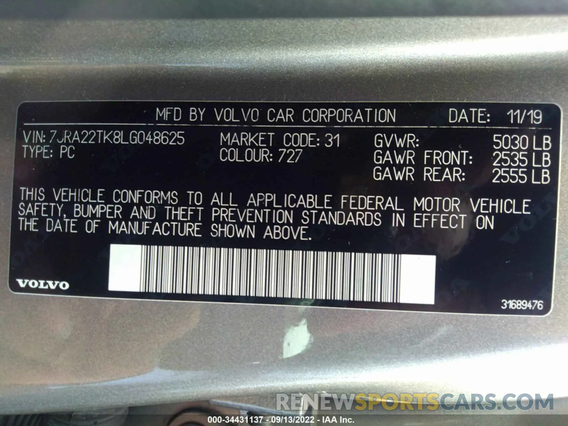 9 fotografías del automóvil dañado 7JRA22TK8LG048625 VOLVO S60 2020