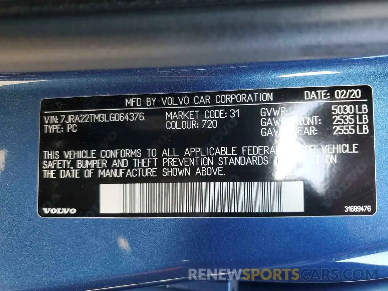 13 fotografías del automóvil dañado 7JRA22TM3LG064376 VOLVO S60 2020