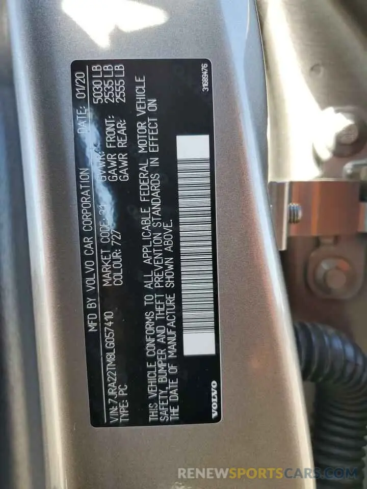 13 fotografías del automóvil dañado 7JRA22TM8LG057410 VOLVO S60 2020