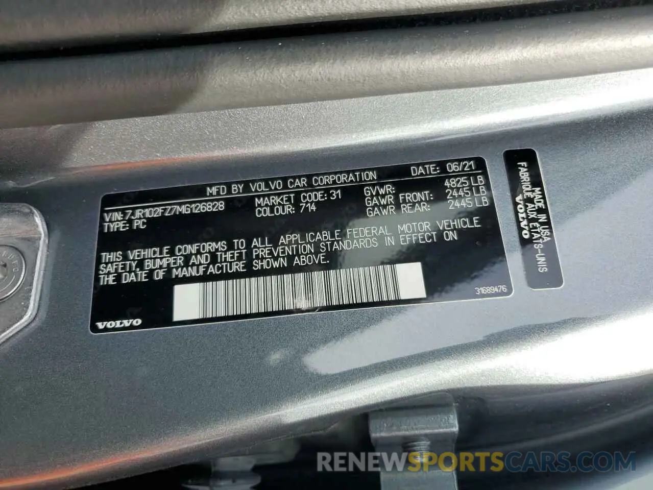 13 fotografías del automóvil dañado 7JR102FZ7MG126828 VOLVO S60 2021