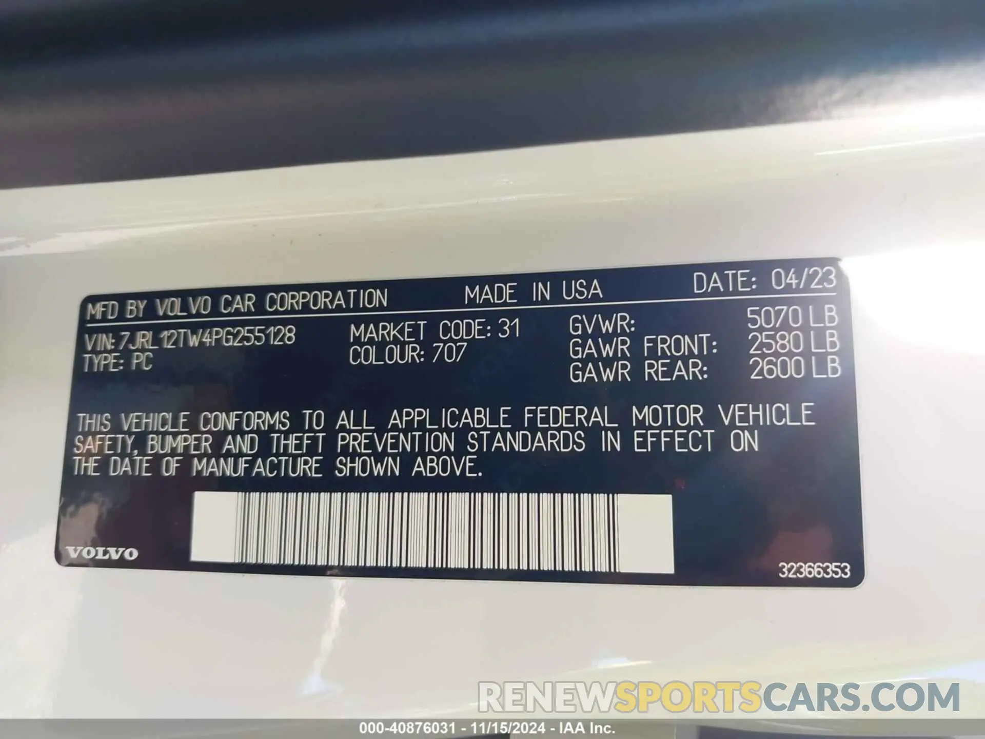 9 fotografías del automóvil dañado 7JRL12TW4PG255128 VOLVO S60 2023