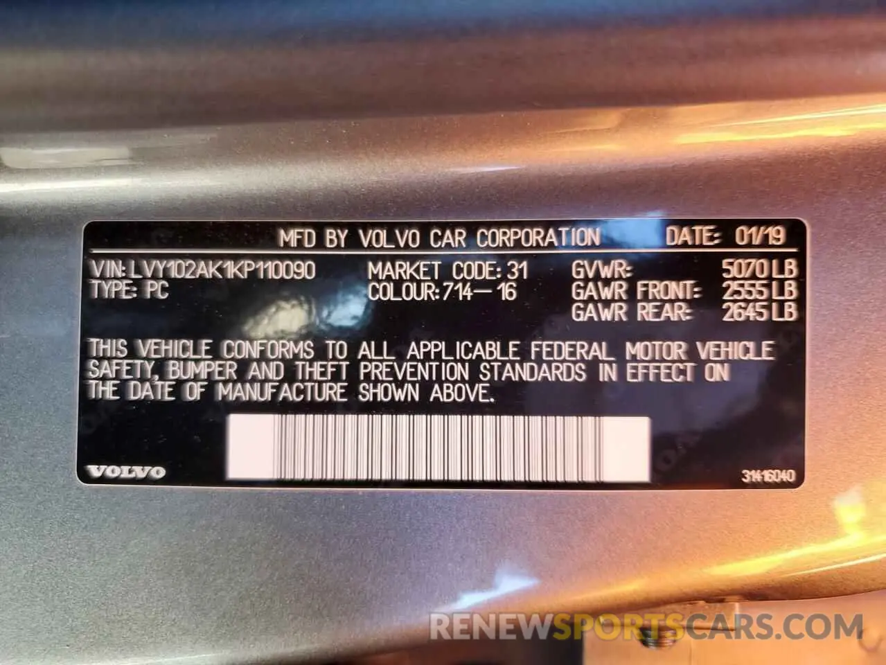 13 fotografías del automóvil dañado LVY102AK1KP110090 VOLVO S90 2019