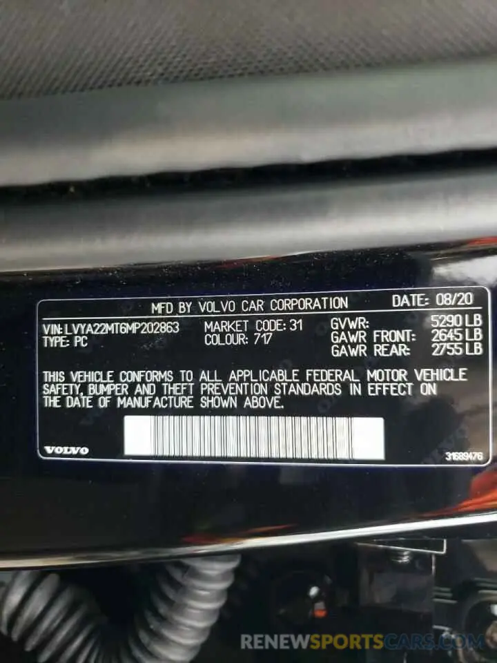 10 fotografías del automóvil dañado LVYA22MT6MP202863 VOLVO S90 2021