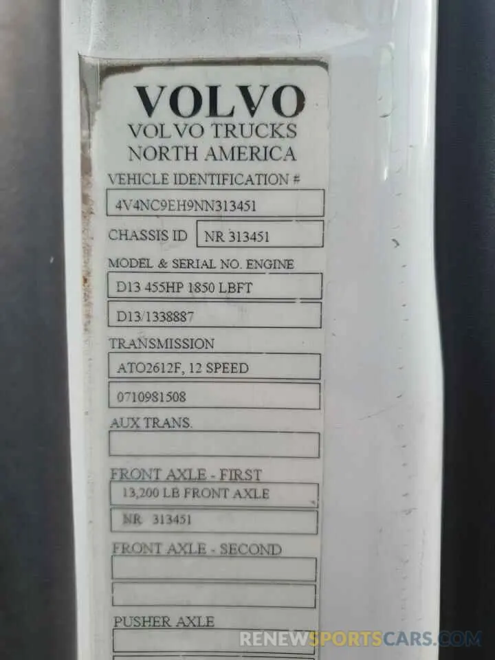 10 fotografías del automóvil dañado 4V4NC9EH9NN313451 VOLVO VN 2022