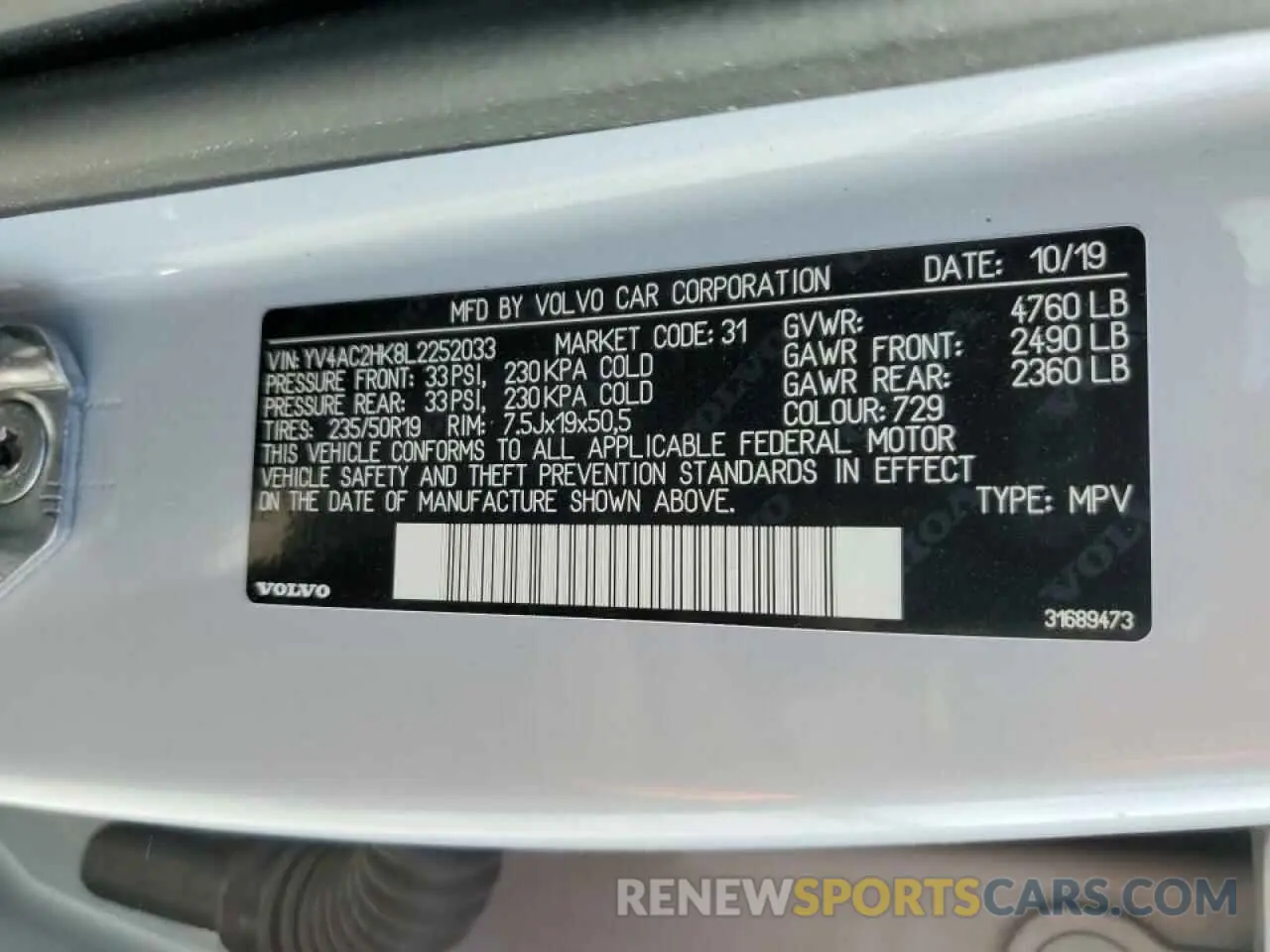 14 fotografías del automóvil dañado YV4AC2HK8L2252033 VOLVO XC40 2020
