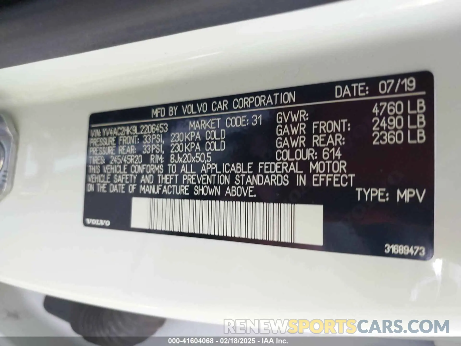 9 fotografías del automóvil dañado YV4AC2HK9L2206453 VOLVO XC40 2020