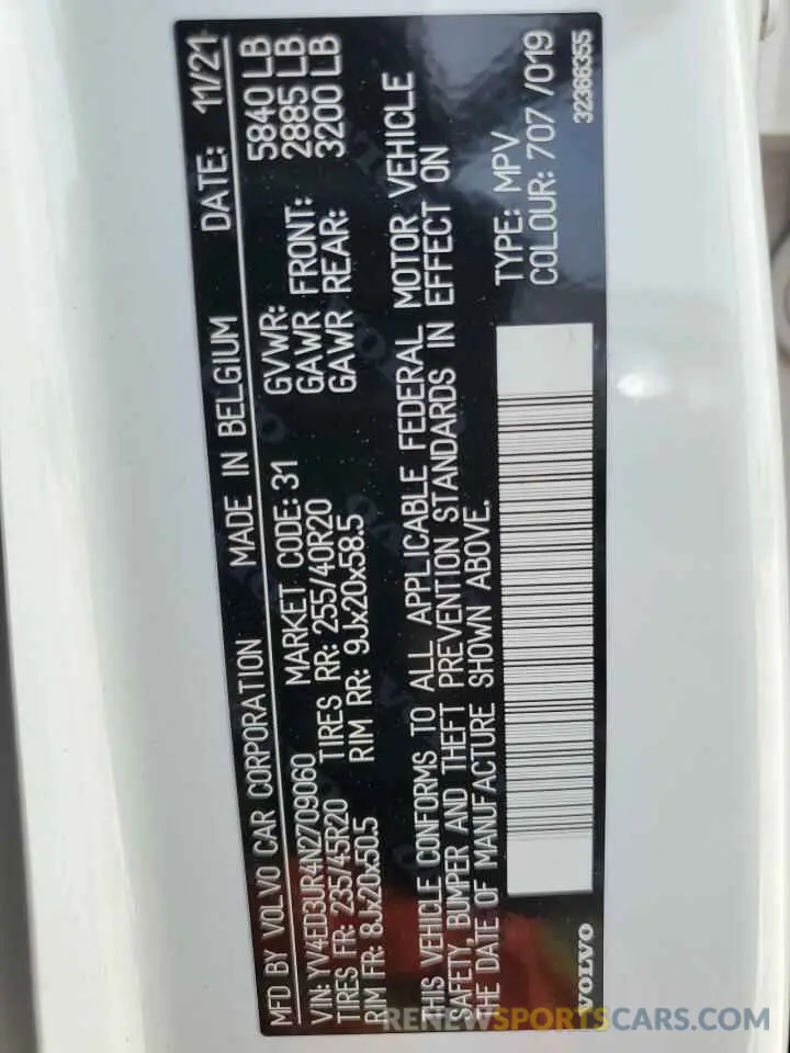 12 fotografías del automóvil dañado YV4ED3UR4N2709060 VOLVO XC40 P8 RE 2022