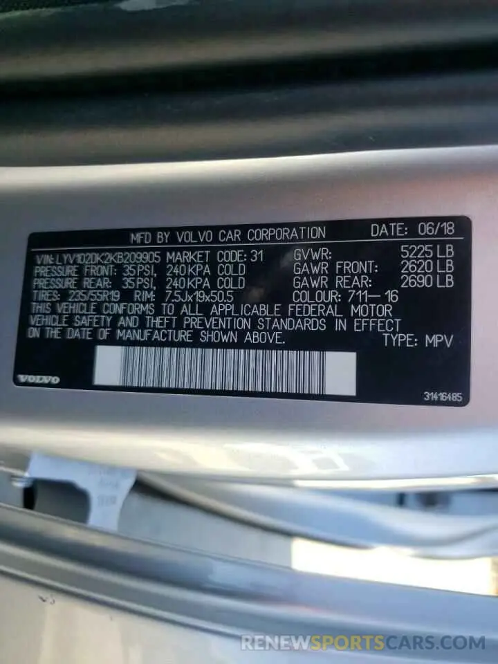 10 fotografías del automóvil dañado LYV102DK2KB209905 VOLVO XC60 2019