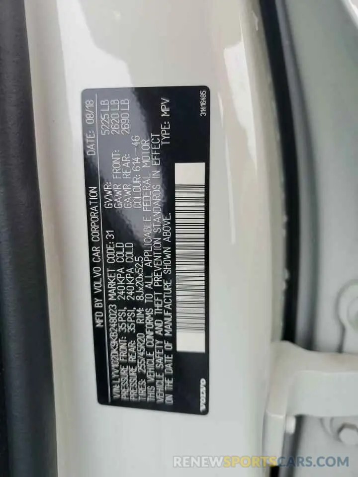 12 fotografías del automóvil dañado LYV102DK9KB248023 VOLVO XC60 2019