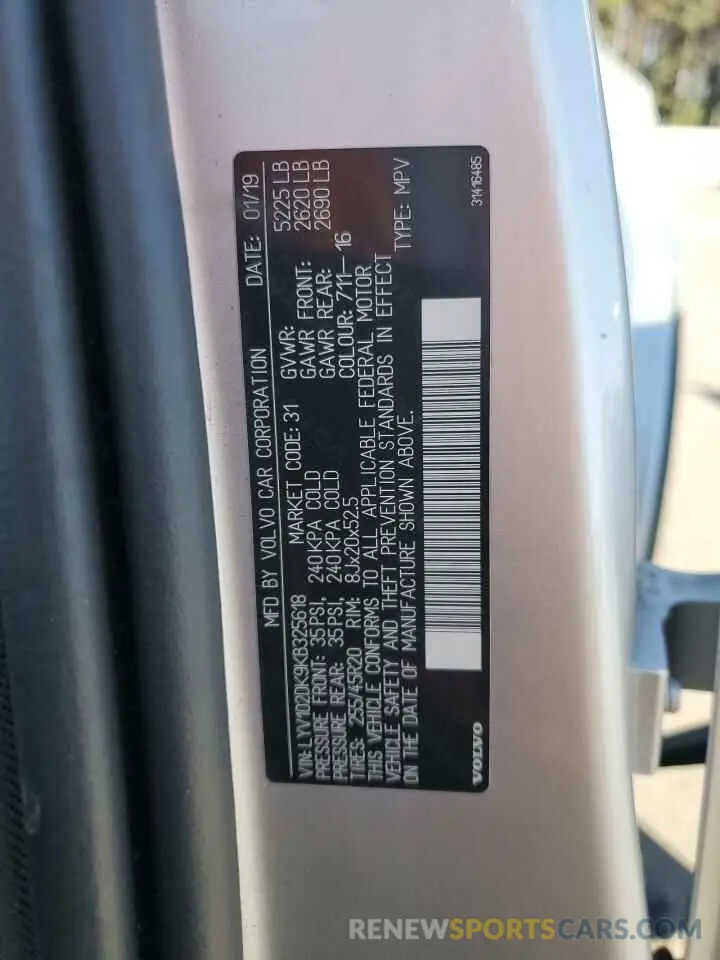 13 fotografías del automóvil dañado LYV102DK9KB325618 VOLVO XC60 2019