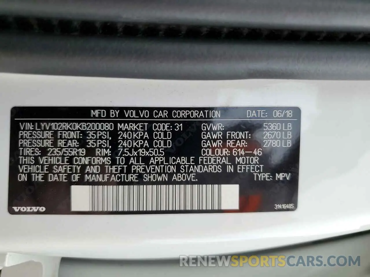 10 fotografías del automóvil dañado LYV102RK0KB200080 VOLVO XC60 2019