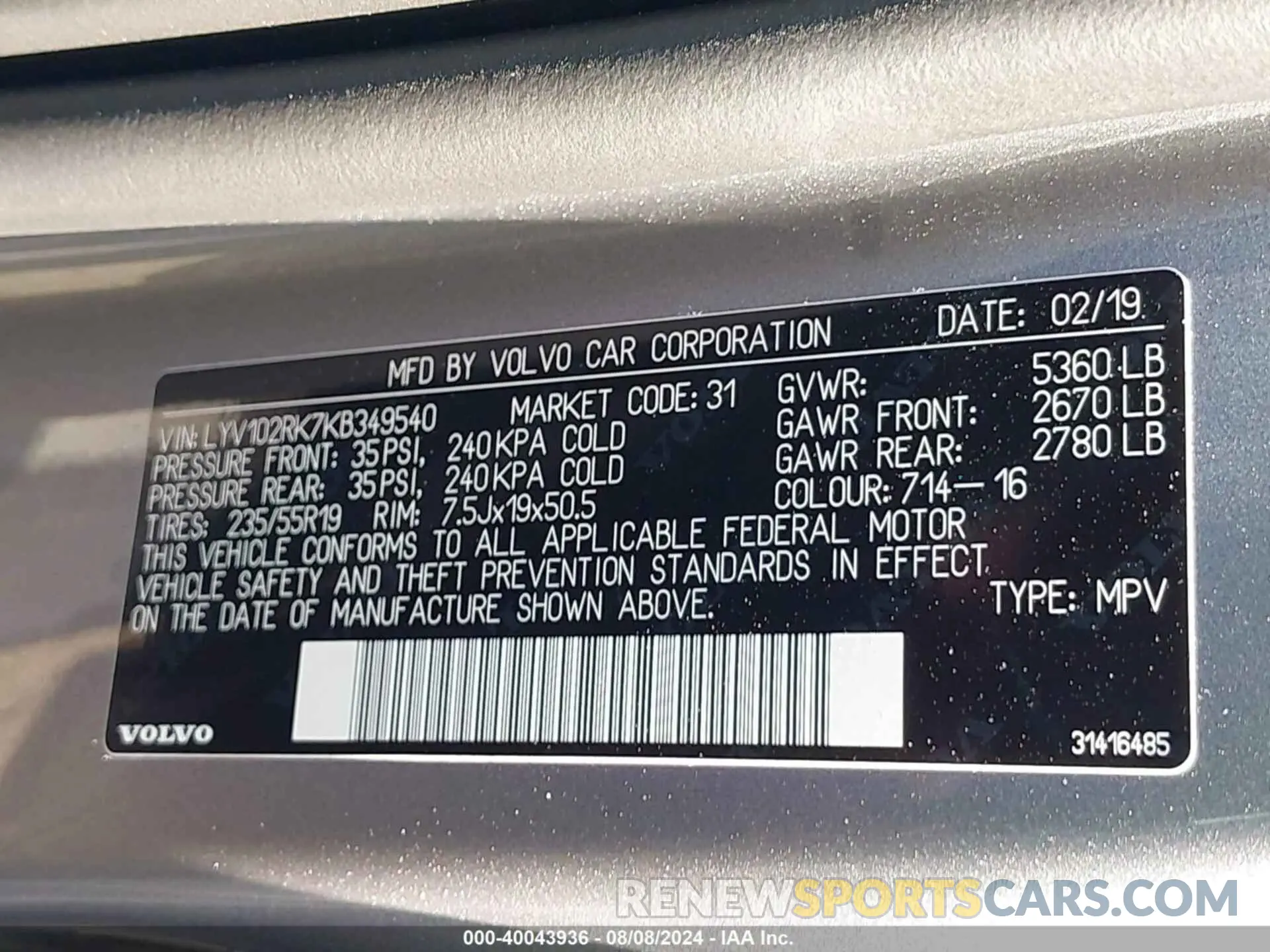 9 fotografías del automóvil dañado LYV102RK7KB349540 VOLVO XC60 2019