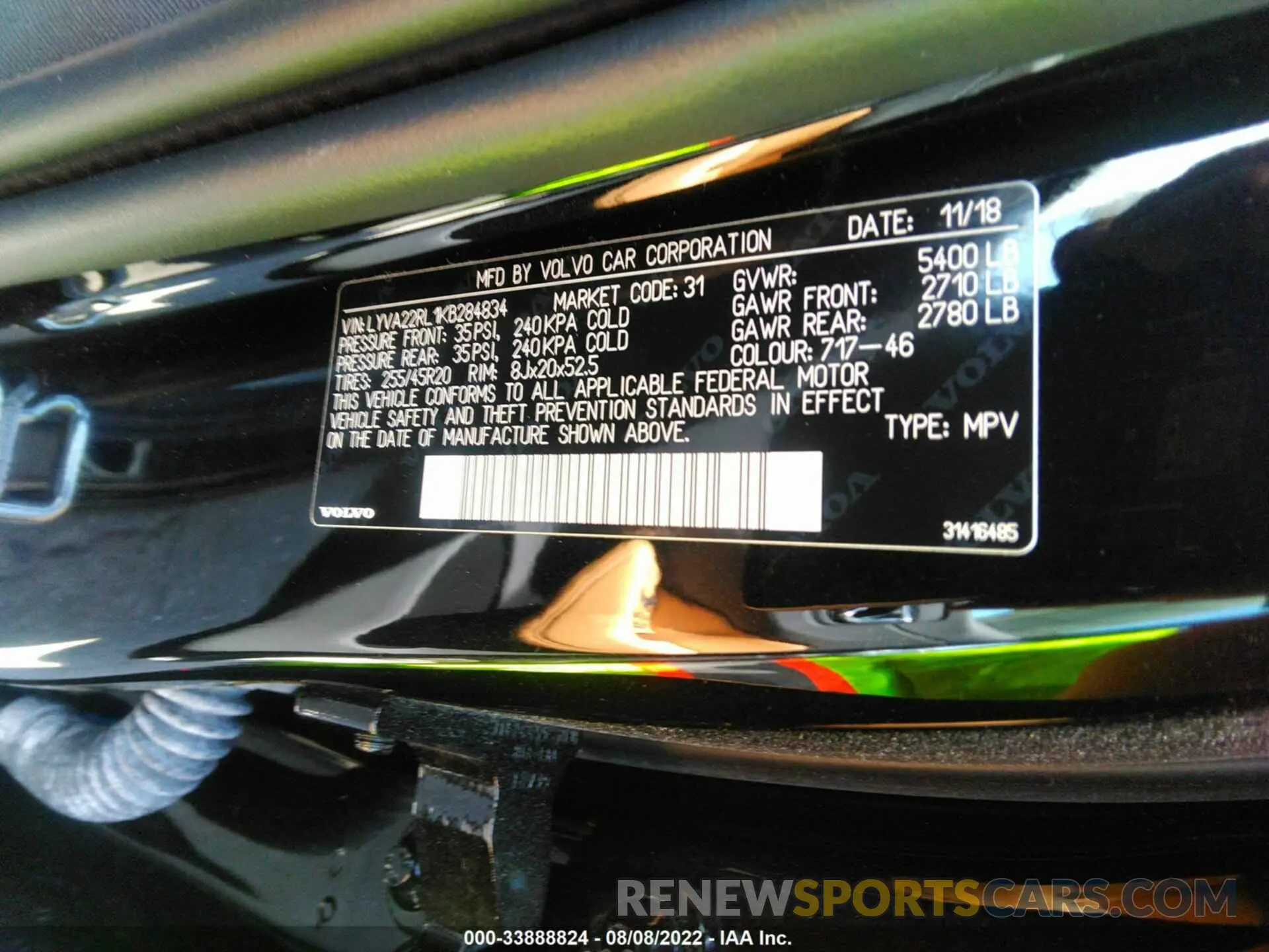 9 fotografías del automóvil dañado LYVA22RL1KB284834 VOLVO XC60 2019
