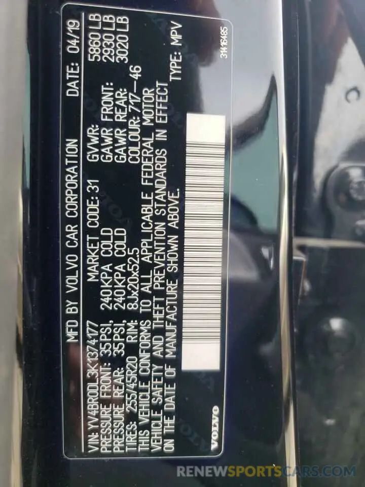 10 fotografías del automóvil dañado YV4BR0DL3K1374177 VOLVO XC60 2019