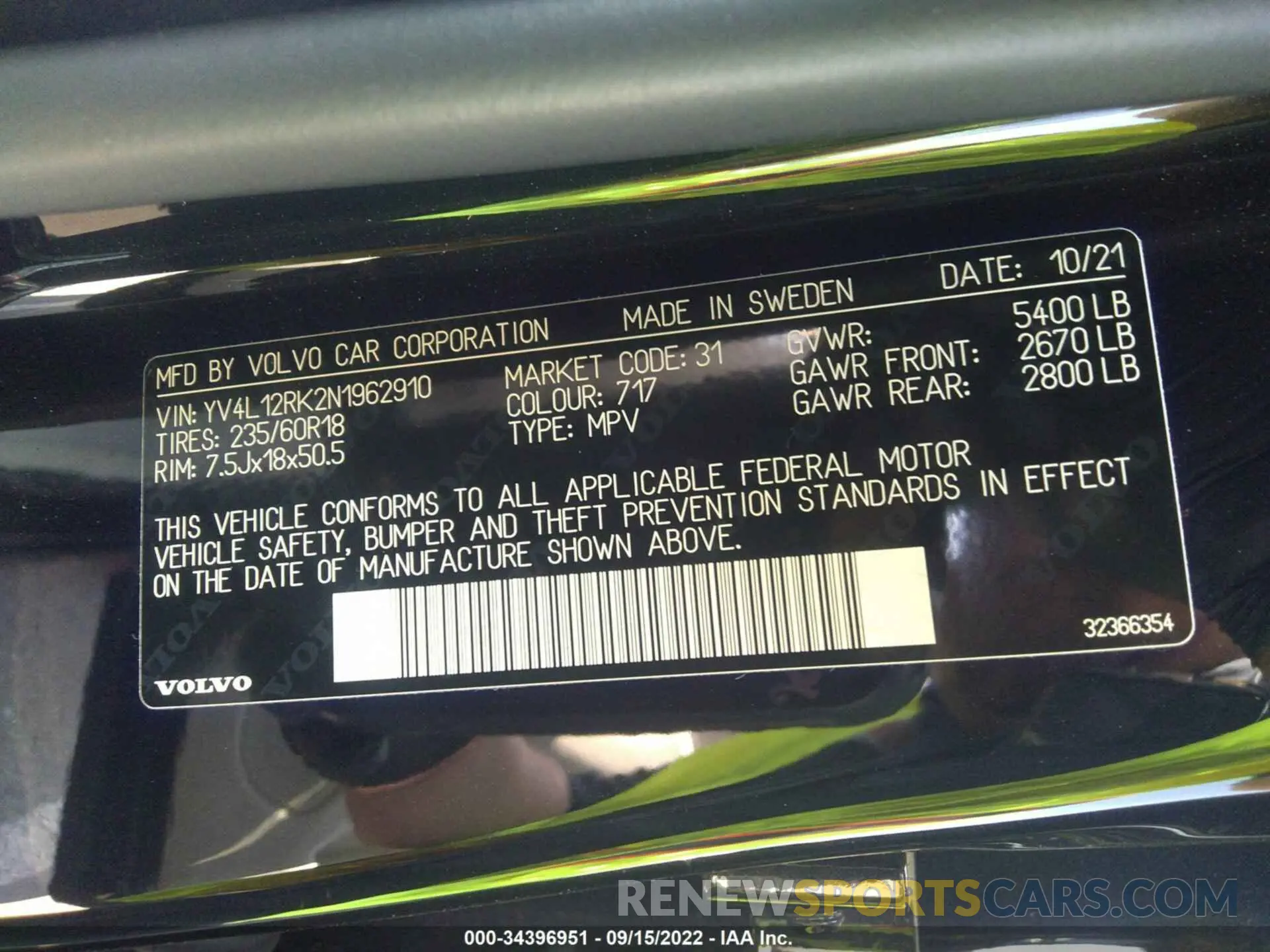 9 fotografías del automóvil dañado YV4L12RK2N1962910 VOLVO XC60 2022