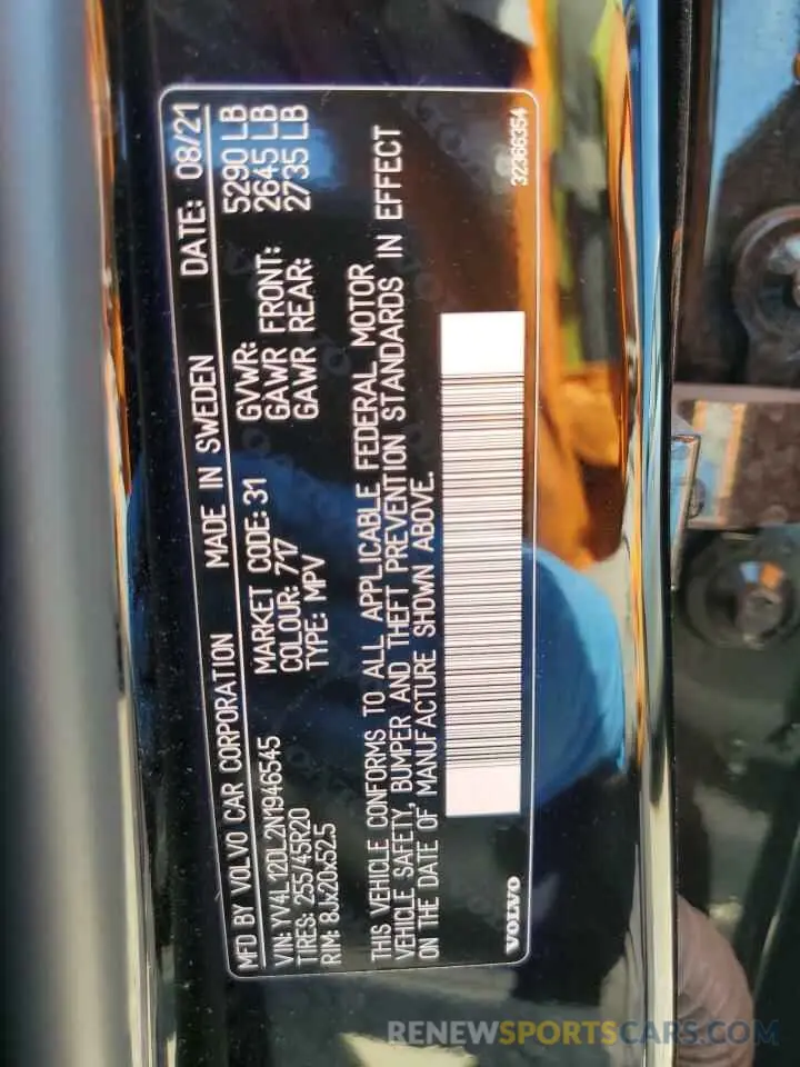 12 fotografías del automóvil dañado YV4L12DL2N1946545 VOLVO XC60 B5 IN 2022