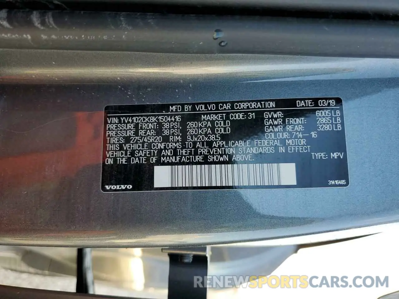 10 fotografías del automóvil dañado YV4102CK8K1504416 VOLVO XC90 2019