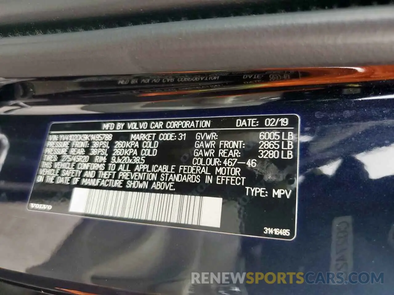 14 fotografías del automóvil dañado YV4102CK9K1495788 VOLVO XC90 2019