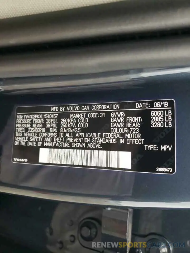10 fotografías del automóvil dañado YV4102PKXL1540457 VOLVO XC90 2020