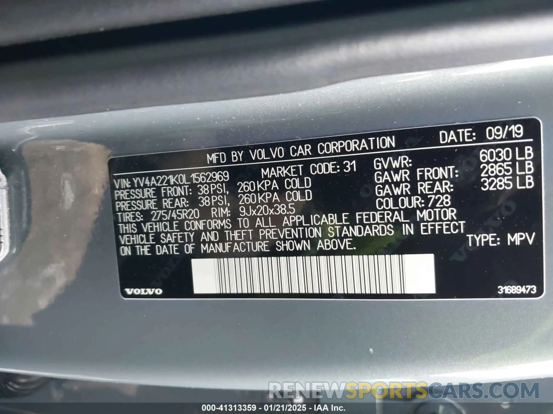 9 fotografías del automóvil dañado YV4A221K0L1562969 VOLVO XC90 2020