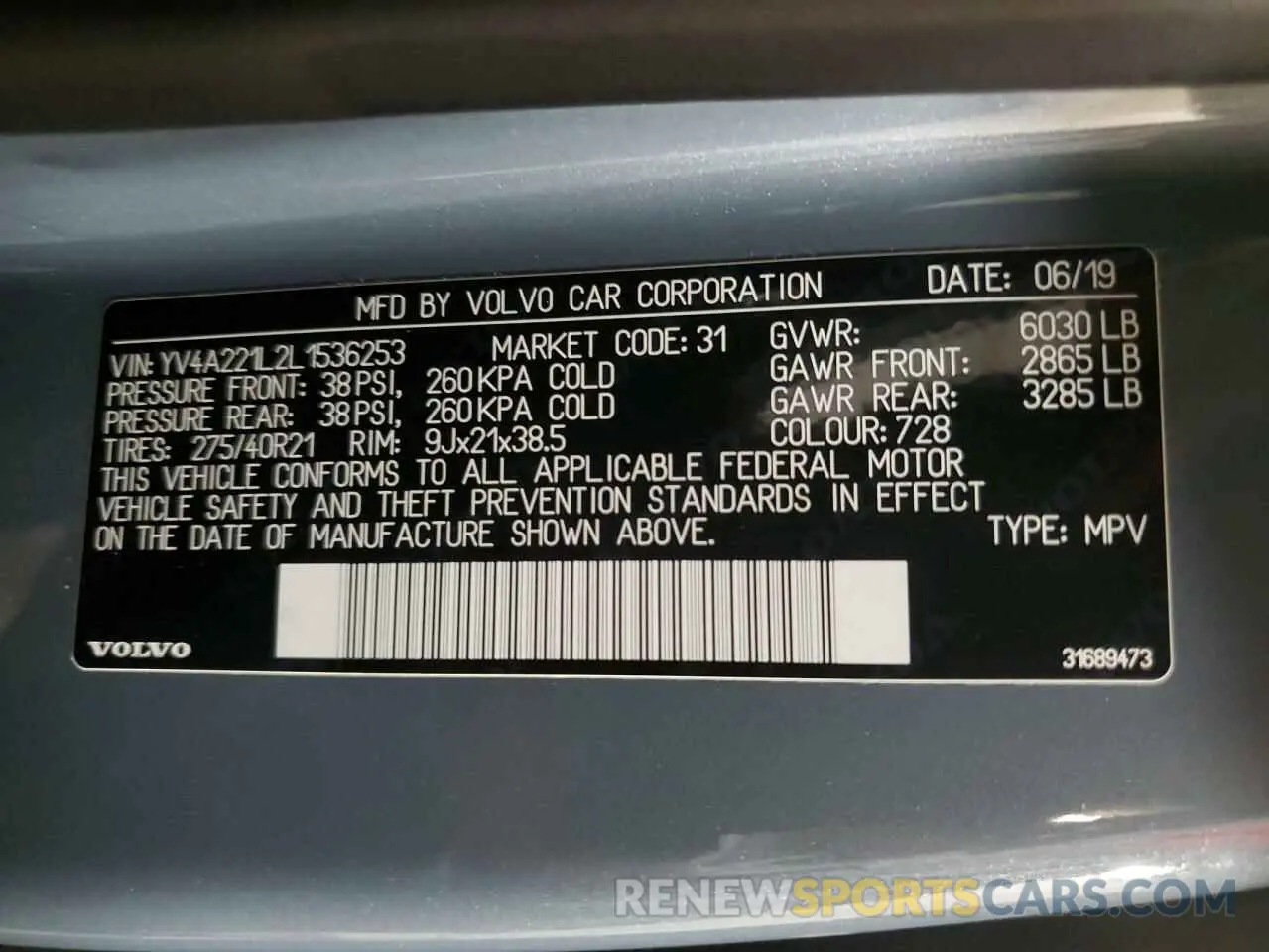 13 fotografías del automóvil dañado YV4A221L2L1536253 VOLVO XC90 2020