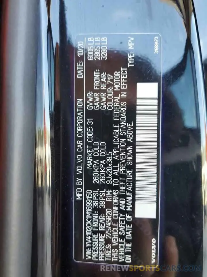 10 fotografías del automóvil dañado YV4102CK1M1699150 VOLVO XC90 2021