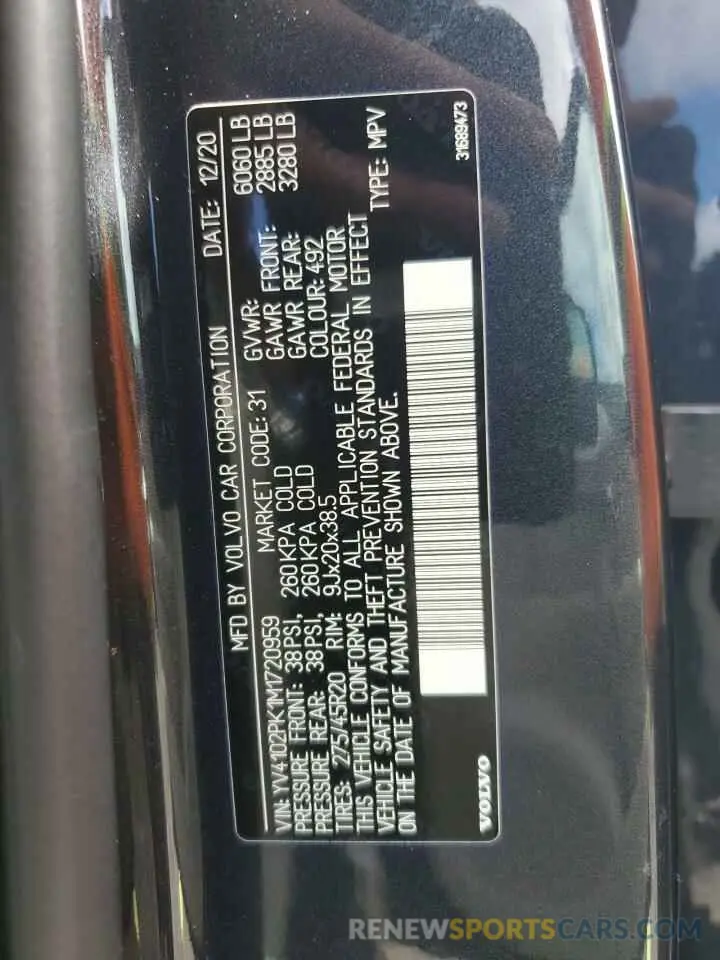 12 fotografías del automóvil dañado YV4102PK1M1720959 VOLVO XC90 2021