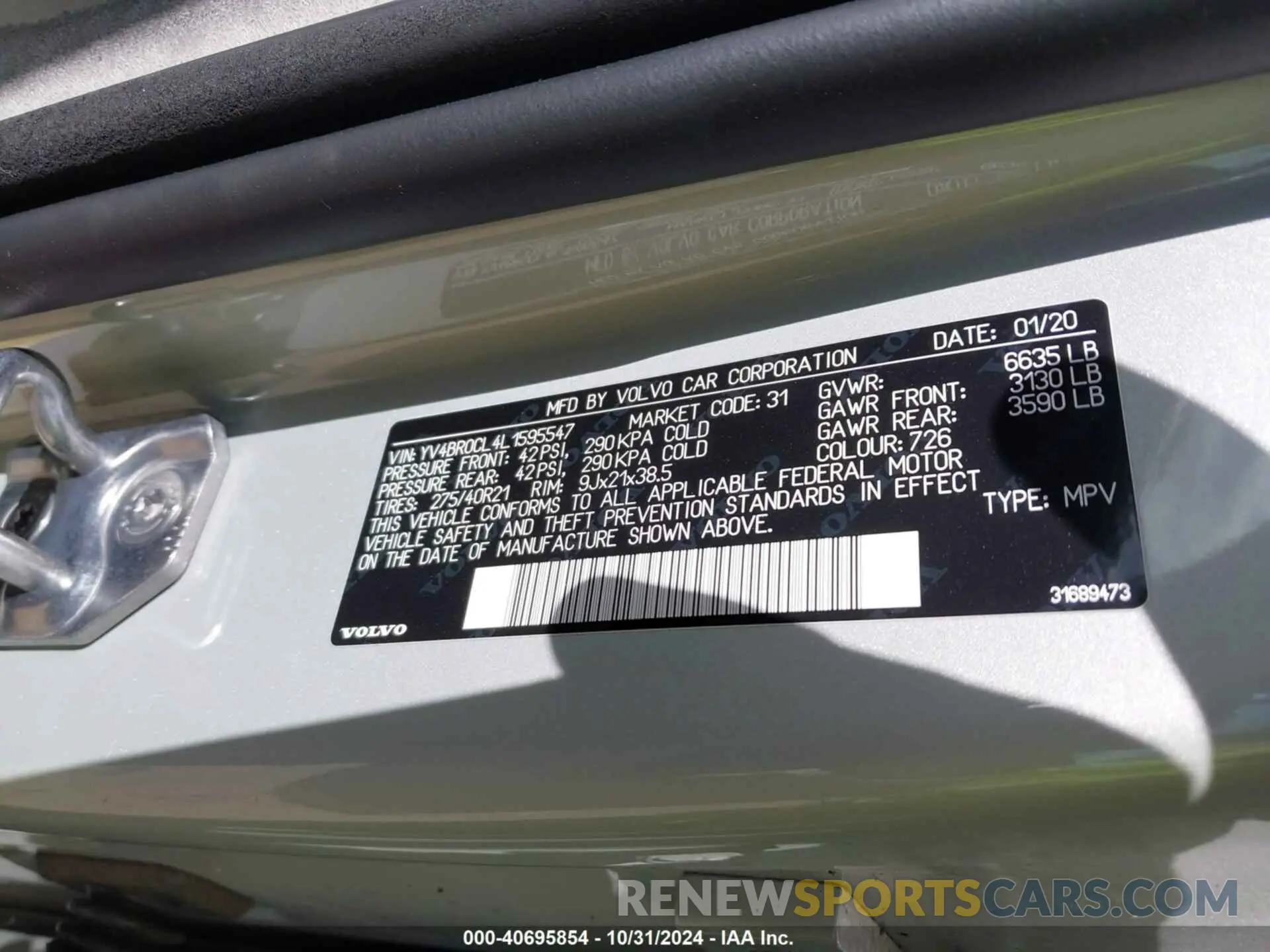 9 fotografías del automóvil dañado YV4BR0CL4L1595547 VOLVO XC90 HYBRID 2020