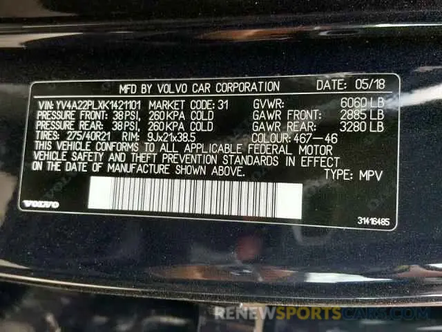 10 fotografías del automóvil dañado YV4A22PLXK1421101 VOLVO XC90 T6 2019